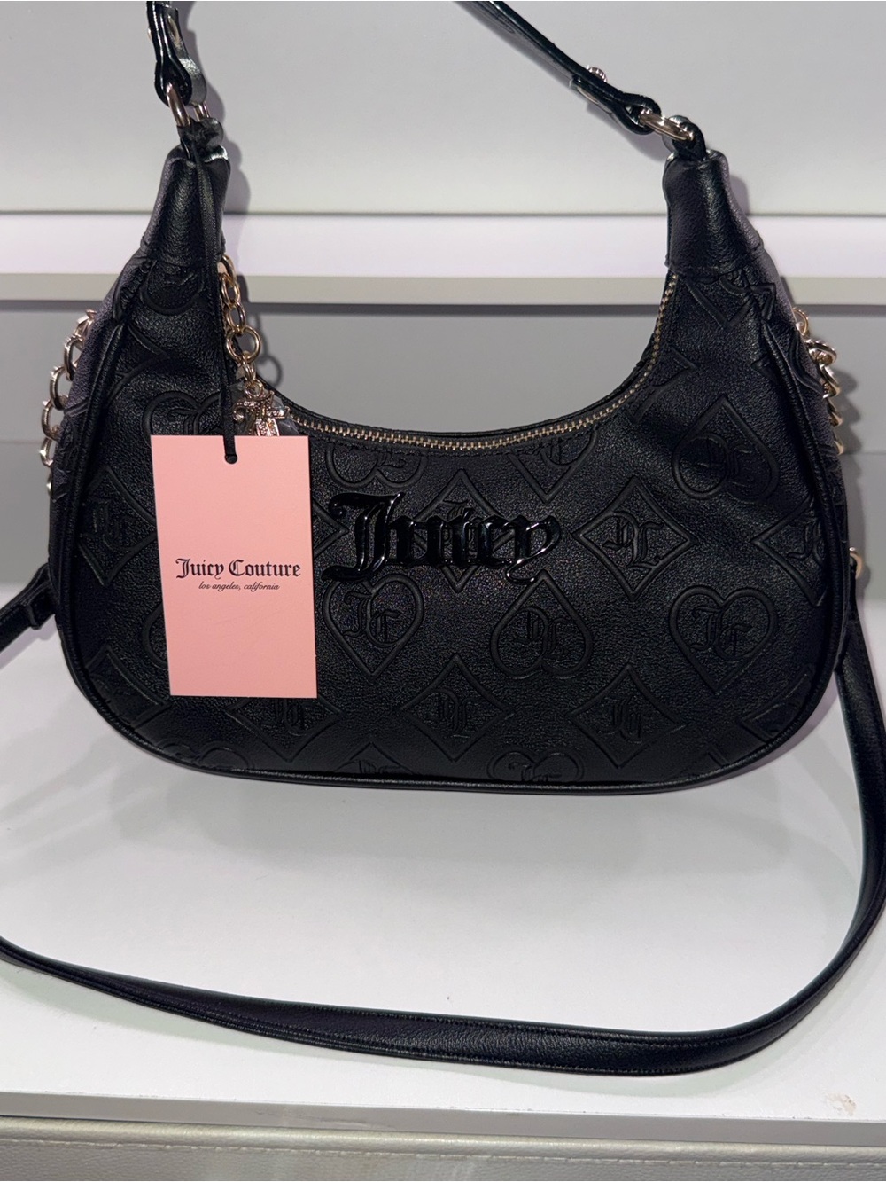 Juicy Couture Black Embossed Logo Crescent Shoulder Bag with Gold Chain